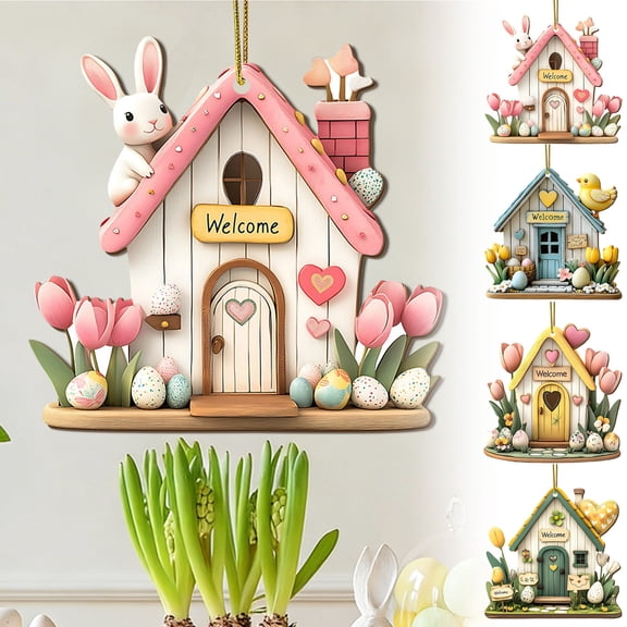 AZXY Easter House Ornaments for Tree, 2D Flat Acrylic Miniature Easter Hanging Decorations, Welcome Cottage with Easter Eggs Ornaments for Small Tree, Easter Party & Home Indoor Outdoor Decor