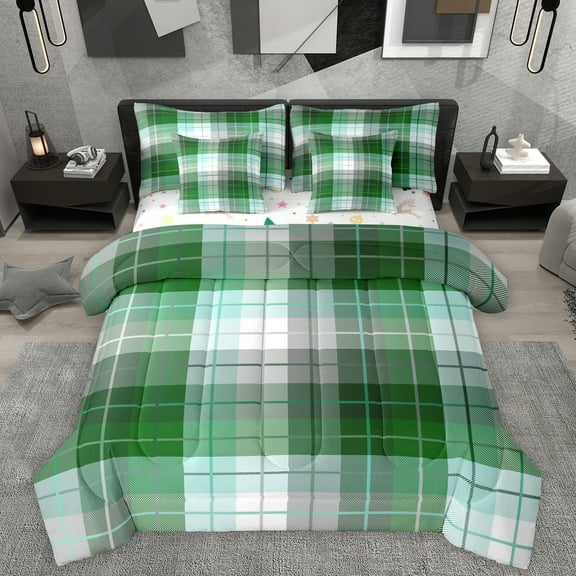 Homewish Classic Geometric Plaid 7-Piece Twin Bedding Sets,Modern Abstract Checkered Bedding Comforter Set,Green White Sheet Sets For Girl Boys,Microfiber Bedroom Decor Reversible