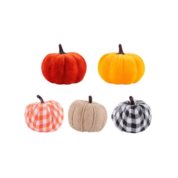 Decorative Pumpkins Fall Halloween Thanksgiving Home Decor Set of 5 Assorted Velvet Burlap Checkered Style