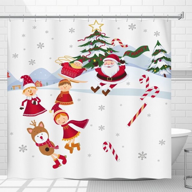 Whimsical Rideau de Douche de Noël avec Père Noël et Flocons de Neige - Décoration Festive de Vacances