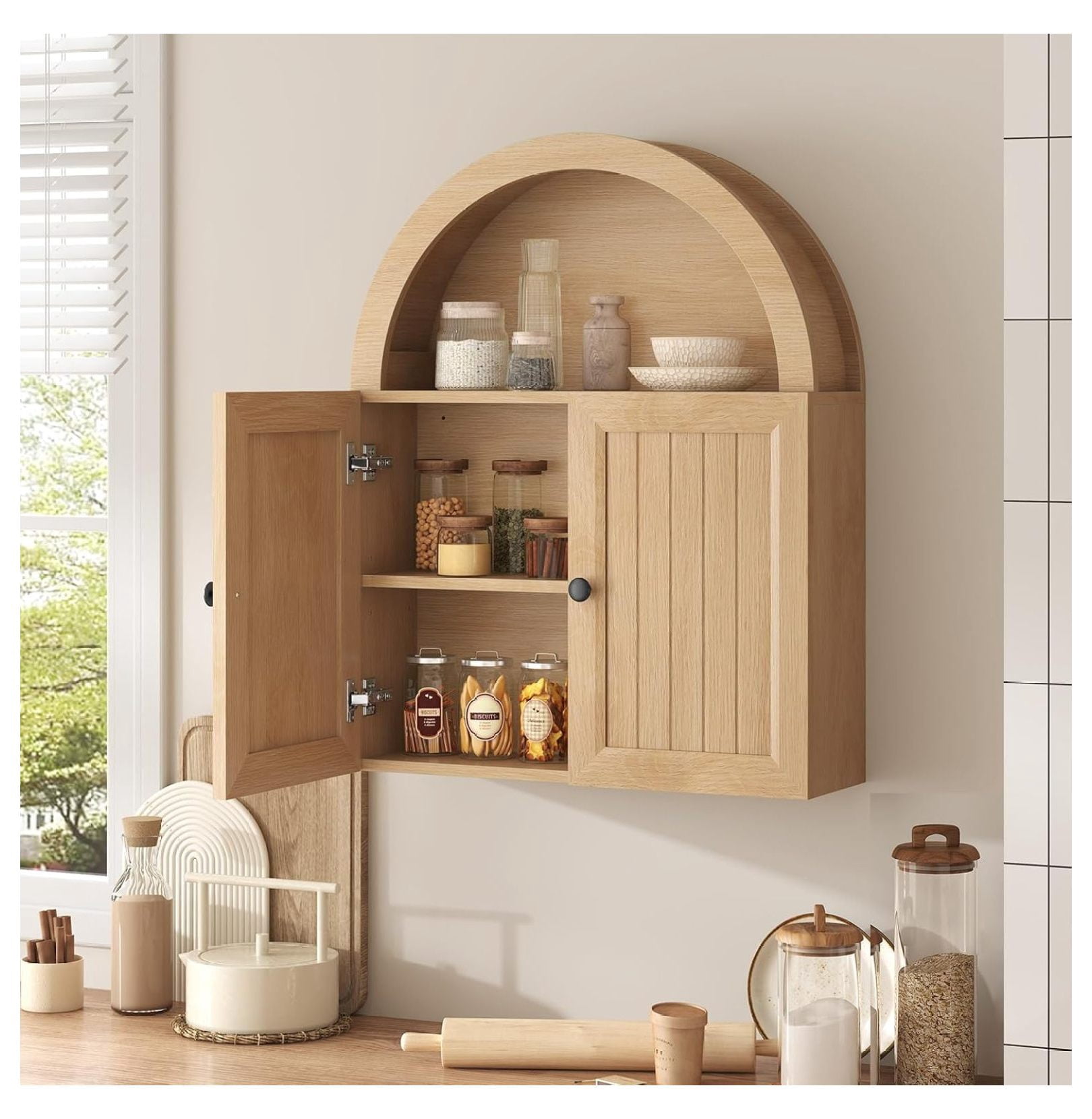 SONGMY Arched Bathroom Wall Cabinet, 23.6 x 30.3'' Over The Toilet Cabinet with Grille Door, Adjustable Shelf, Wall Mounted Cabinets for Bathroom Laundry Room Kitchen (Oak, 30IN)