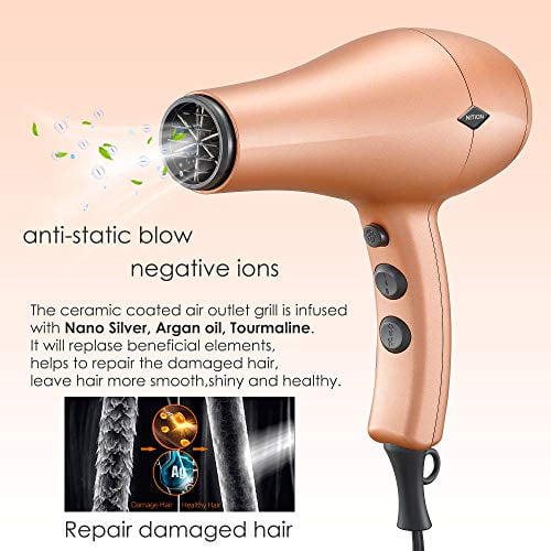 NITION Negative Ions Ceramic Hair Dryer With Diffuser Attachment Ionic Blow Dryer Quick Drying 1875 Watt 2 Speed 3 Heat Settings Cool Shot