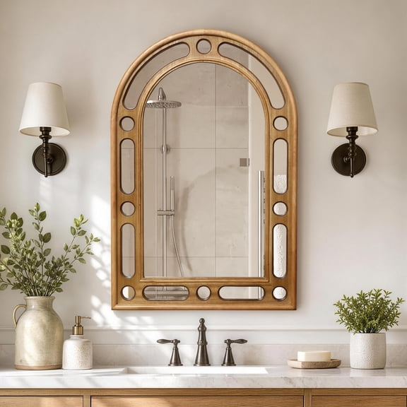 Haven Crest 24x35 Inch Arch Wood Wall Mirror Geometric Cutout Frame Decor