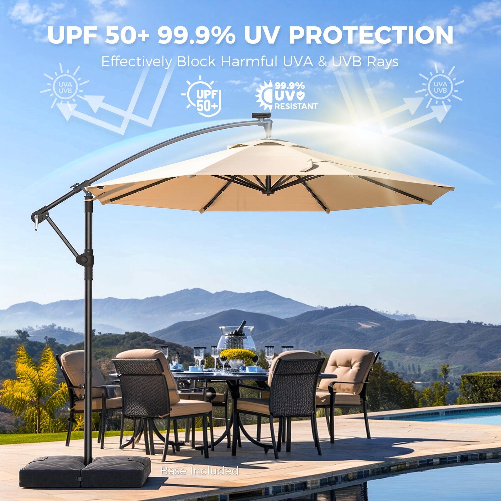 TASKBAY 10ft Cantilever Hanging Outdoor Umbrella (Includes Base), 360-Degree Rotation with 32 Solar LED Lights Patio Umbrella for Backyard, Deck, Poolside and Garden, Beige