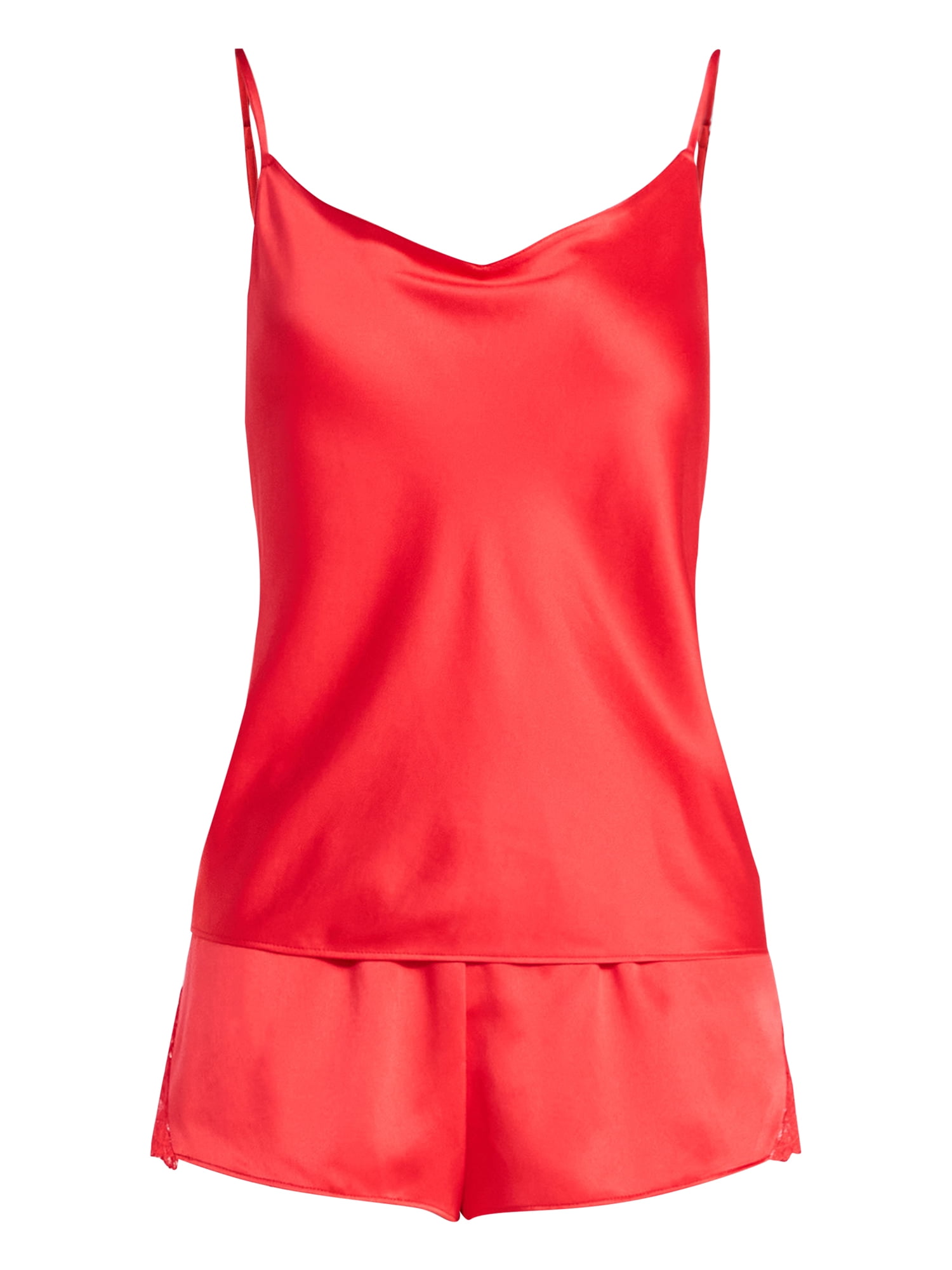 Joyspun Women’s Lace Trim Satin Valentine's Day Cami and Shorts Set, Sizes S-3X