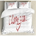 thumbnail image 1 of I Love You King Size Duvet Cover Set, Swirling Letter Fonts in Red Color with Heart Shaped Dots Calligraphy Design, Decorative 3 Piece Bedding Set with 2 Pillow Shams, Red White, by Ambesonne, 1 of 3
