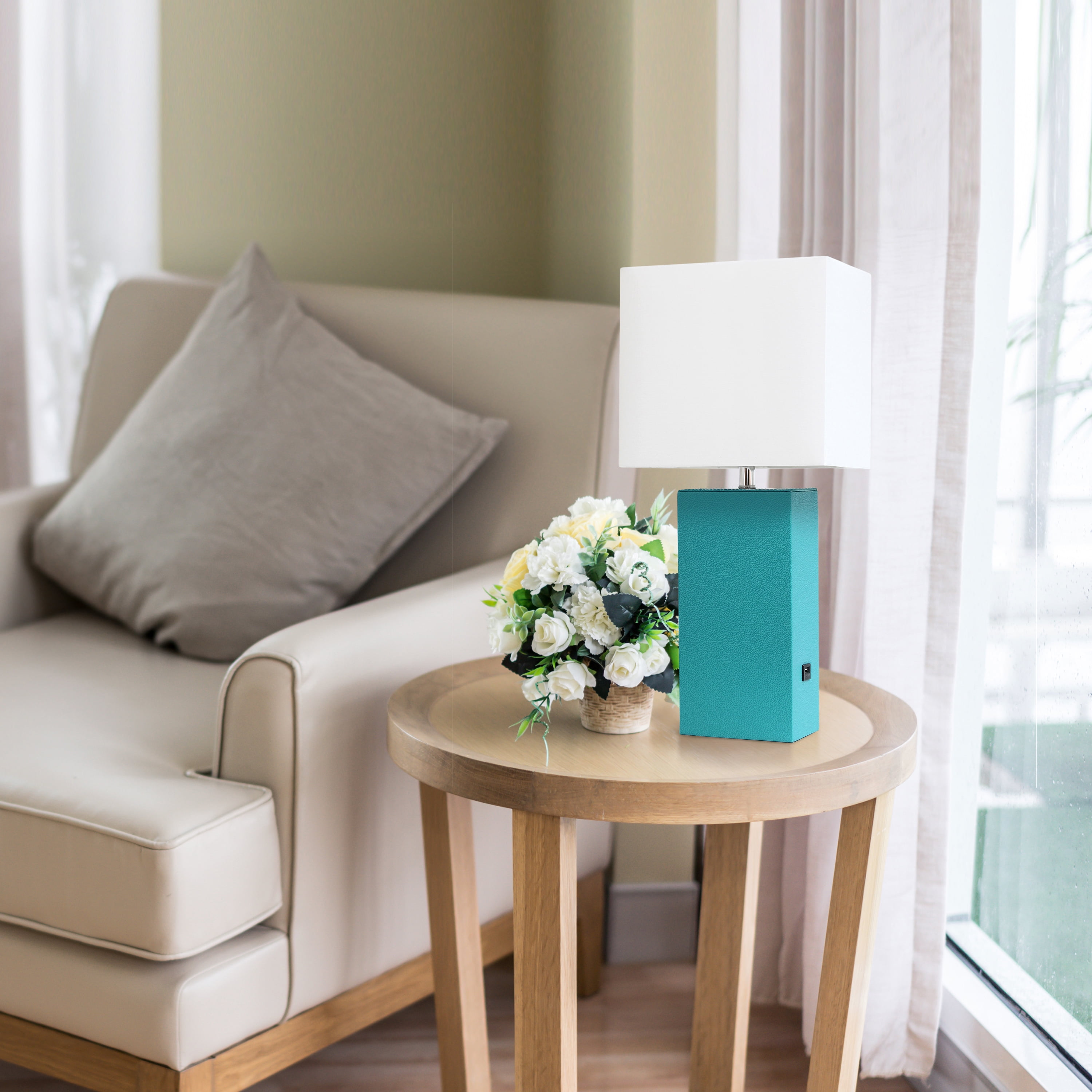 Lalia Home 21" Leather Modern Bedside Table Lamp with USB Port and LED Bulb, Teal