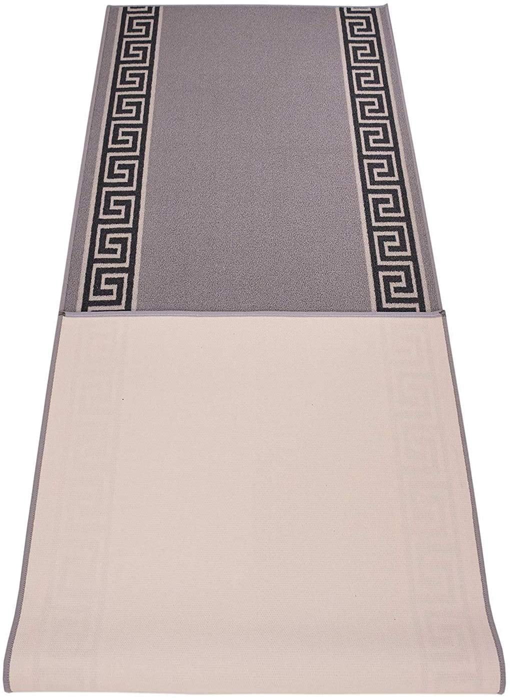 Custom Size Runner Rug Bordered Grey Color Greek Key Meander Design Roll Rug Runner Choice of Your&nbsp;Length by Feet&nbsp;Slip Resistant Latex Back Cut to Size Runner Rugs Customize in USA Facility