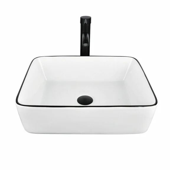 FULLWATT Bathroom Ceramic Sink Vanity Vessel Basin Porcelain Faucet Drain Combo Rectangle,White