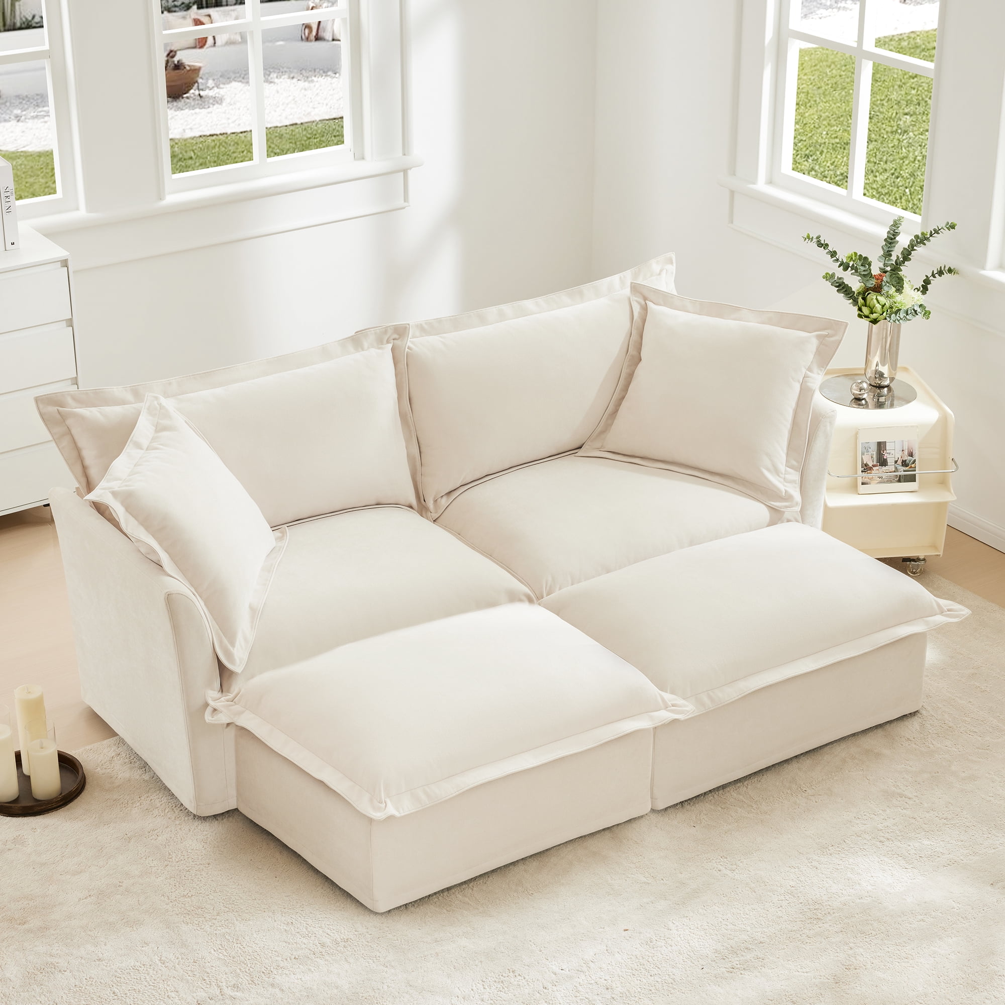 Gewnee 2 Seat Sleeper Sofa Bed with 2 Ottomans – Modular Sectional Sofa,Deep Seat Chenille Couch,Removable Washable Covers,Home Theater Seating.