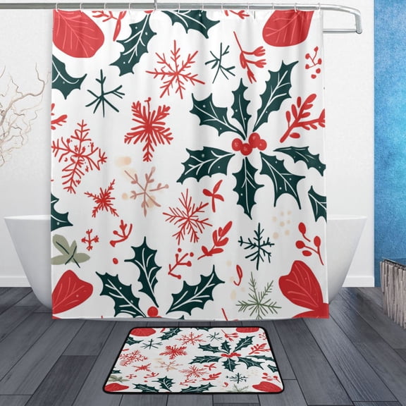 Bath Curtain & Non-Slip Bath Mat Set 12-Grommet Shower Curtain Memory Foam Bath Rug Holly Leaves and Snowflakes
