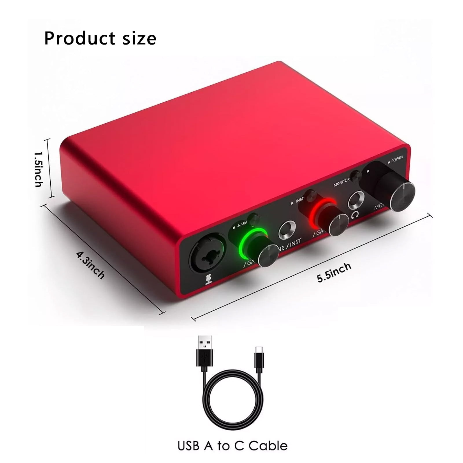 USB Audio Interface 24 Bit 192kHz with USB C and 48V Phantom Power Portable Recording Interface for Microphone Guitar Home Studio Podcasting Streaming Music Production Content Creator Voice Over PC
