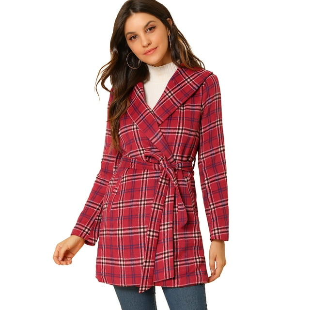 INSPIRE CHIC Manteau d'Hiver à Carreaux pour Femmes avec Col Châle et Ceinture