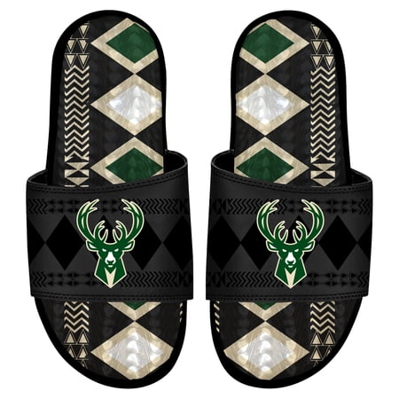 Men s ISlide Black Milwaukee Bucks Shooting Touch Rwanda Pattern Gel Slide Sandals