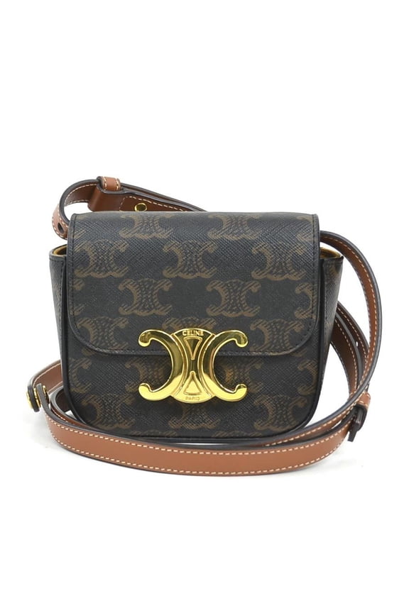 Pre-Owned Celine Triomphe Mini Claude Shoulder Bag in Brown PVC-Coated Canvas, Women's, 90218a