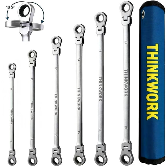 THINKWORK, 6pcs Extra Long Flex Head Ratcheting Wrench Set, Metric Long Wrench 8mm - 19mm, 72-Tooth Double Box End Wrenches, with Mirror Polish Finish, Rolling Pouch
