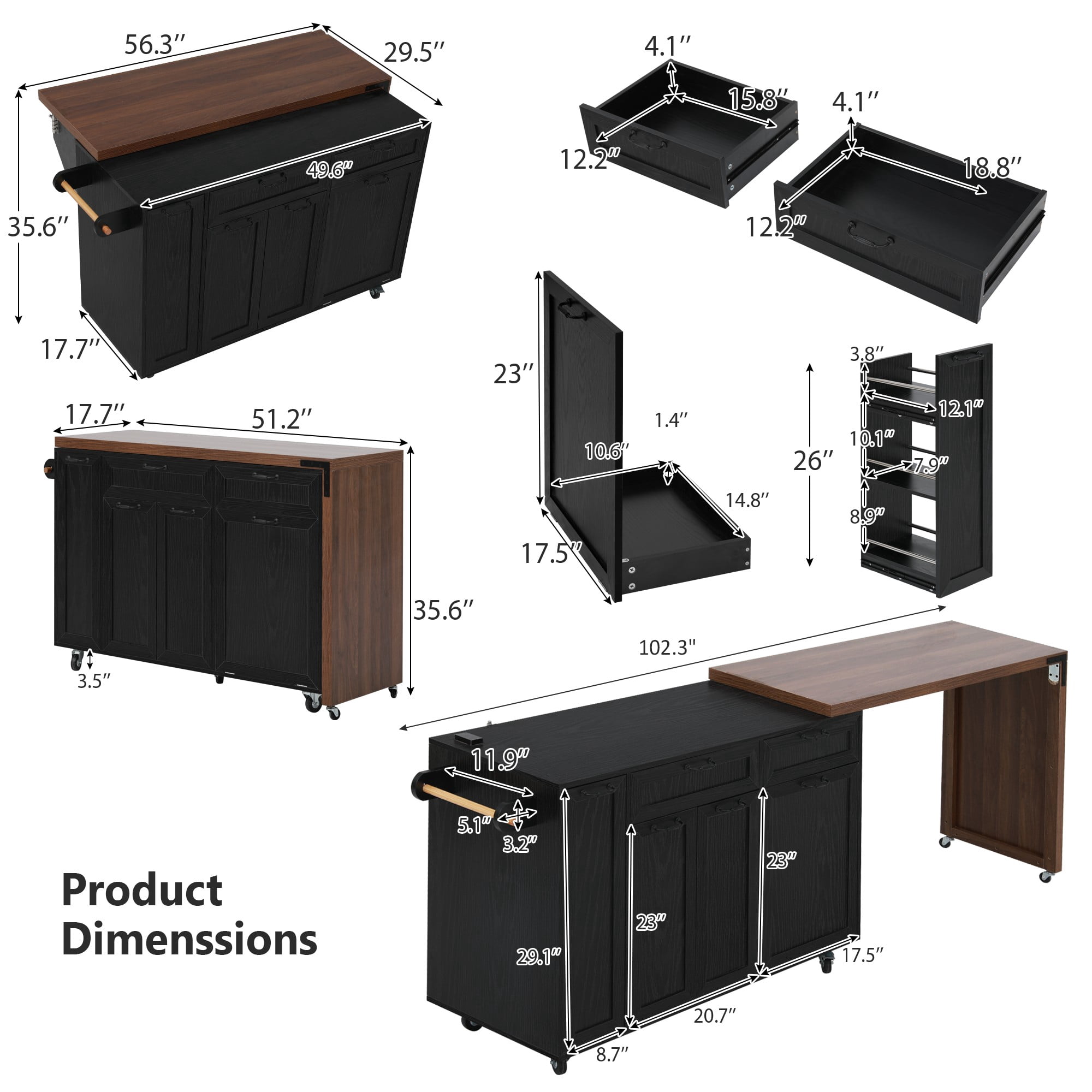 Mintazer 102.3" Kitchen Island with Extendable Dining Table, Kitchen Rolling Island Cart with Spice Rack & Wheels, Mobile Island Table with Trash Storage Cabinet, Black & Walnut