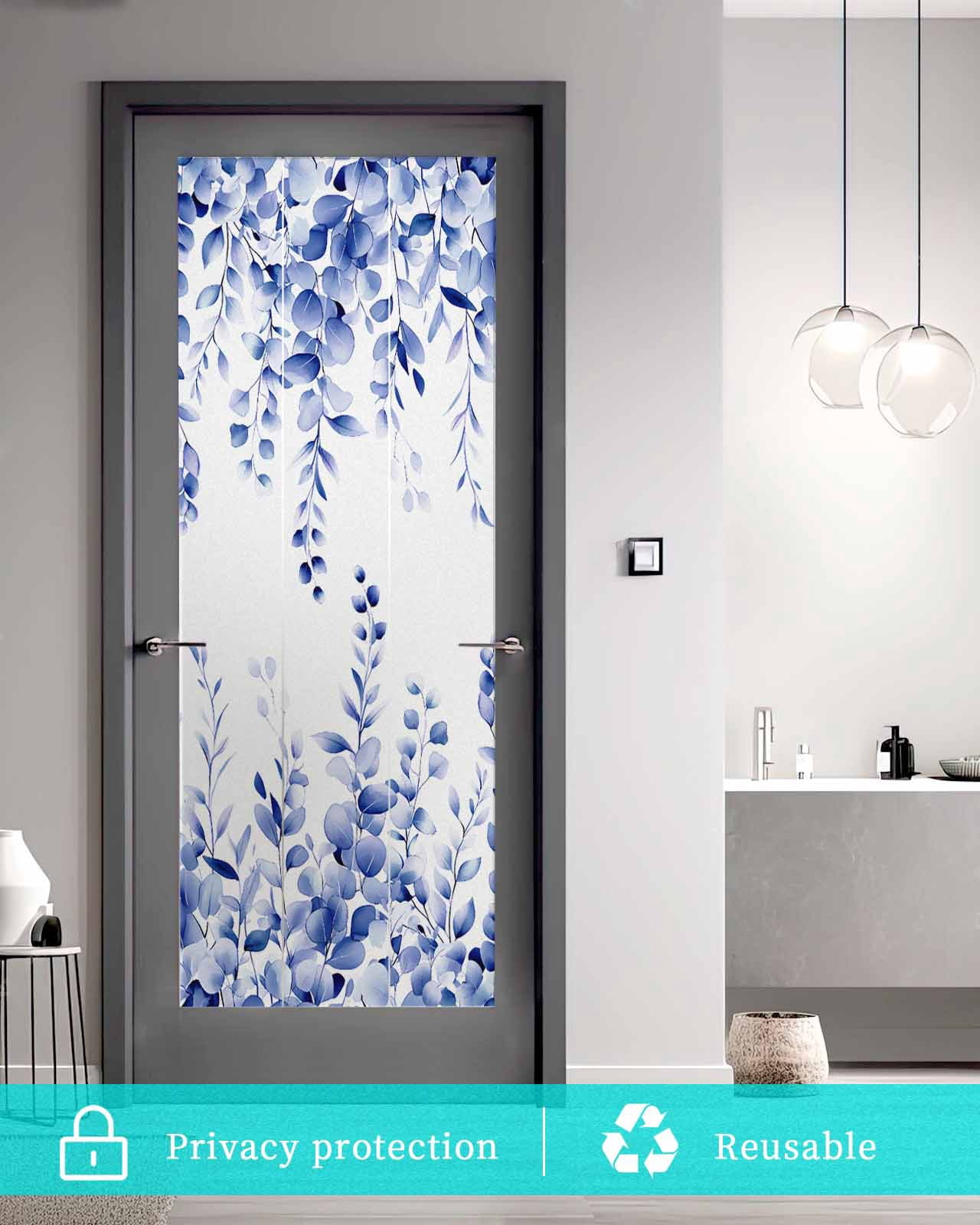 Window Privacy Film Eucalyptus Leaves Blue Stained Glass Window Film Decorative Sun Block Window Cover Watercolor Spring Botanical Window Clings Static Adhesive Sticker for Bathroom 23.6"x59"