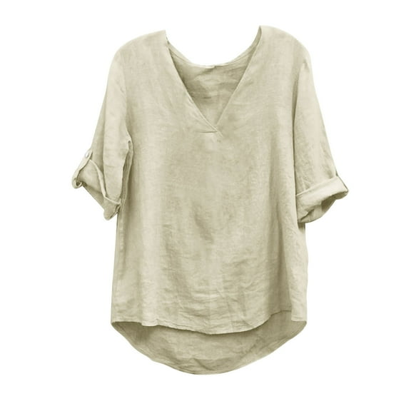 MIUOWANP Women's Casual Linen Tops Summer Solid Color Temperament V-neck Loose Comfy 3/4 Sleeve Top Beige XXL