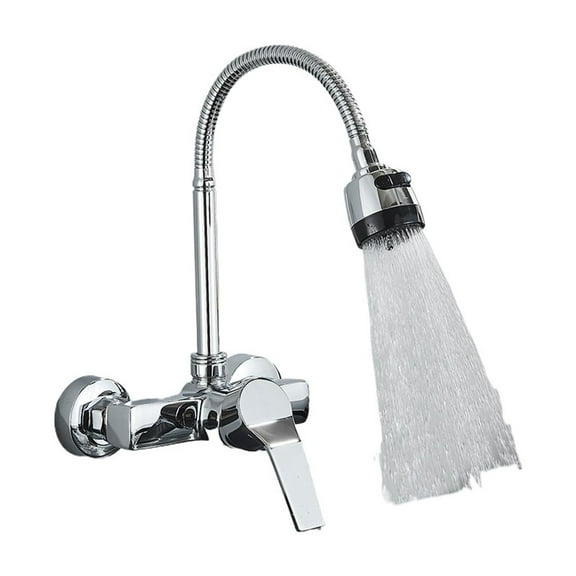 Chrome Wall Mounted Dual Hole Kitchen Faucet, Lead Free Hot Cold Water Mixer Tap, Stream Spray Bubbler 360 Rotation Flexible Pipe