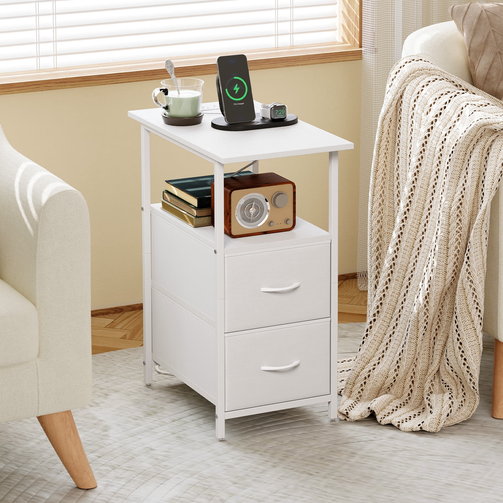 Eunos White Long End Table with Charging Station, Nightstand with Open Shelf, 2 Fabric Drawer