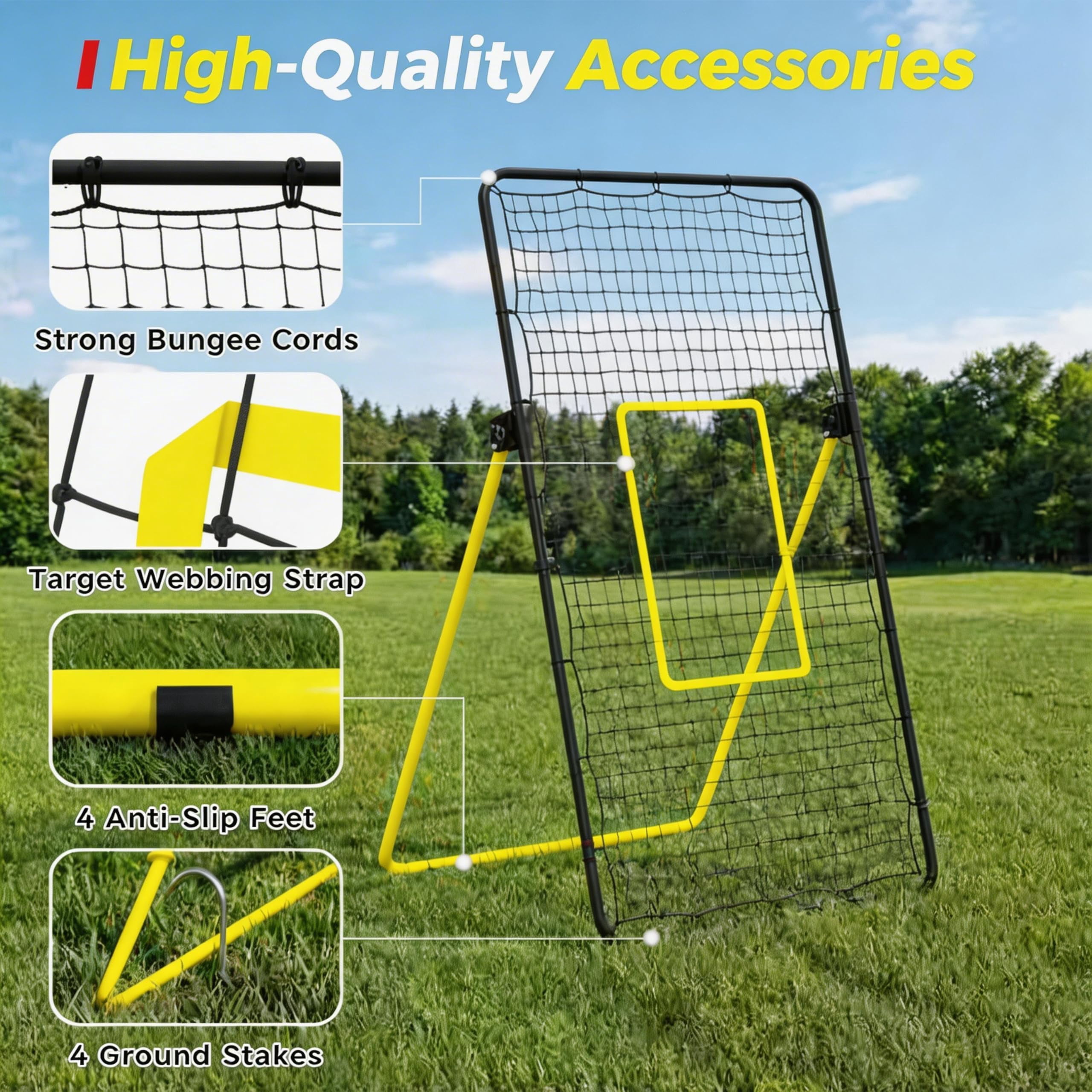 7x4 FT Volleyball Bounce Back Net, 5 Adjustable Angles, Foldable Heavy Duty Training Net with Ground Stakes, Yellow