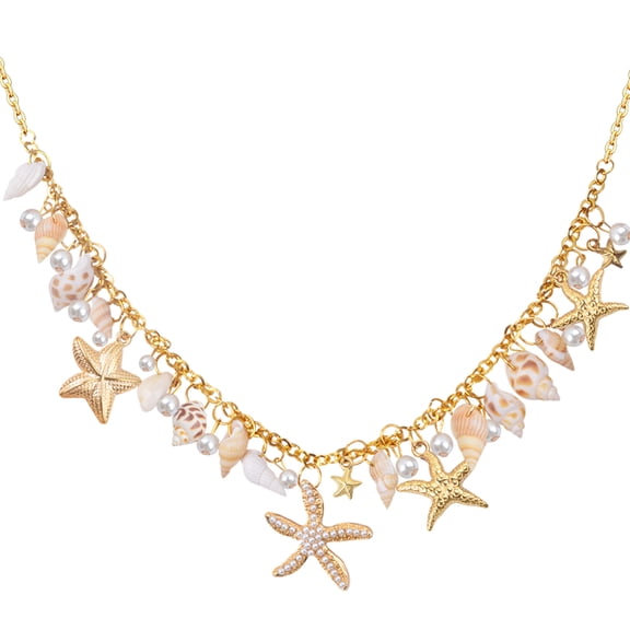 Seashell Starfish Pearl Necklace for Women, Adjustable Boho Mermaid Ocean Chunky Chain Necklace, Beach Wedding Party Jewelry Accessories
