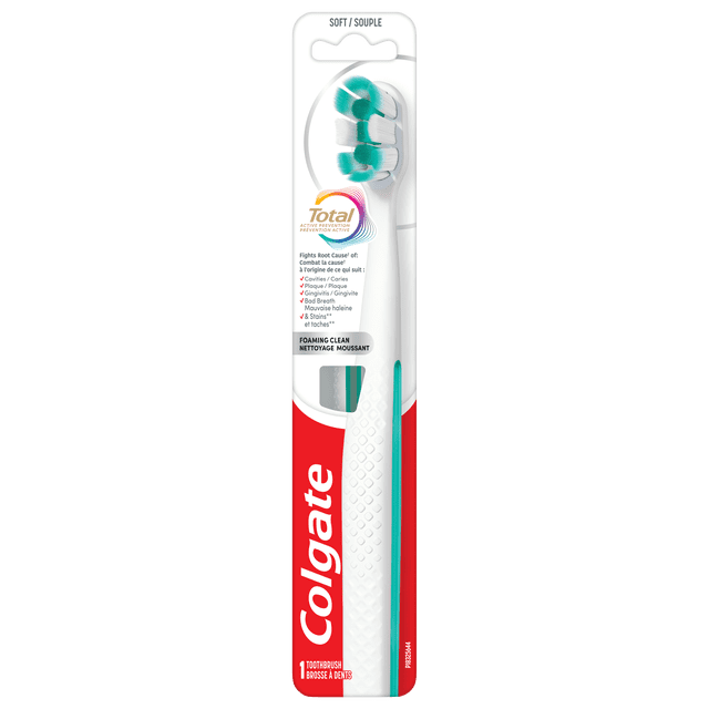 Brosse à dents à soies douces Colgate Total Active Prevention Foaming Clean, blanche, lot de 1