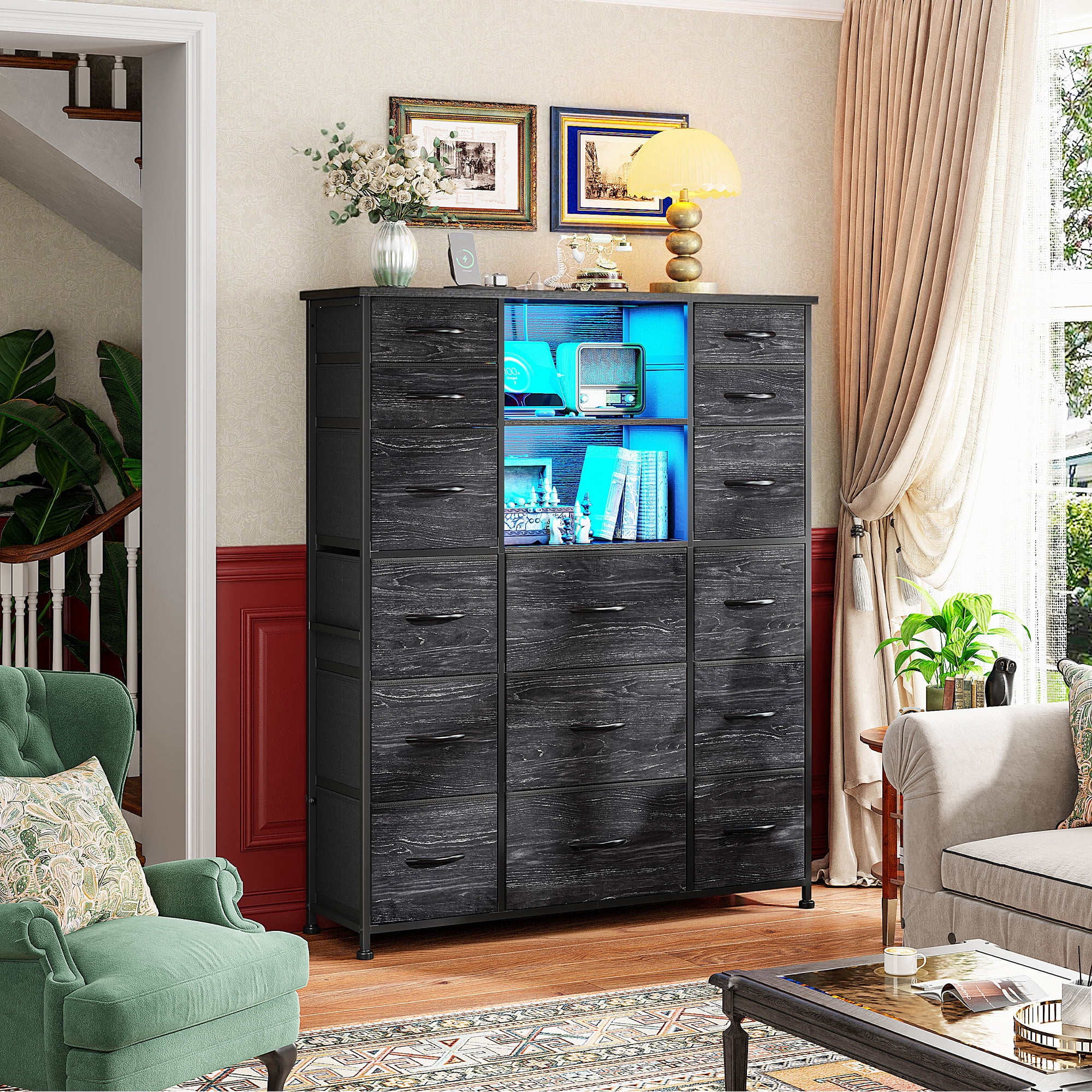 Romorgniz 51" H Dresser with 15 Fabric Drawers Tall Dresser for Bedroom with Charging Station & LED Lights, Black