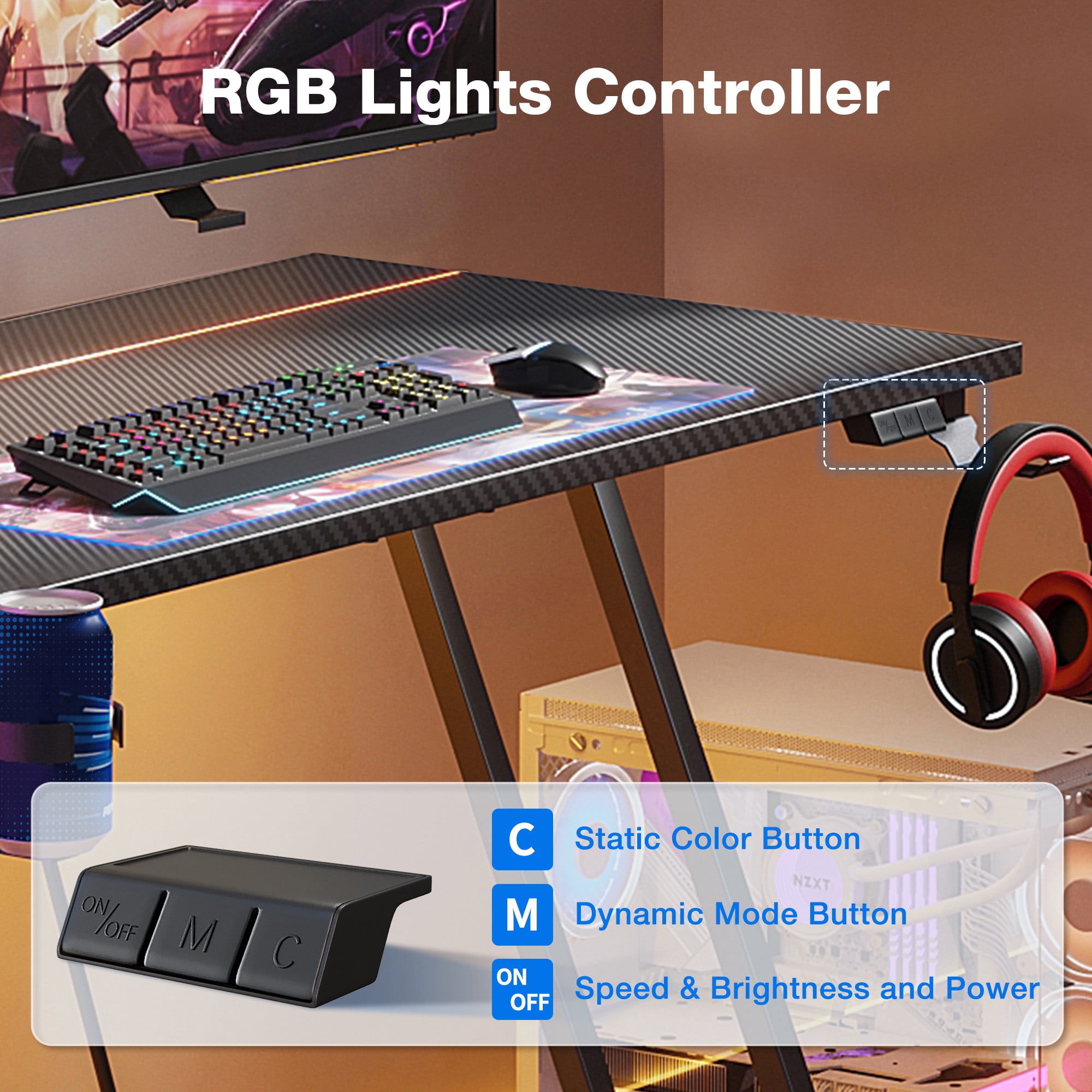31.5 inch Gaming Desk with Z-Leg Design, Computer Desk with LED Light, Gaming Table Suitable for Small Space, Black
