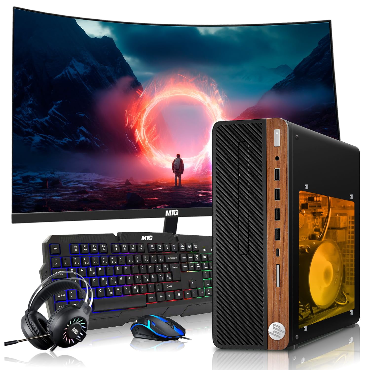 Restored HP Half Dark Gaming PC Desktop Computer – AMD Pro A10-9700,RX 550 Graphics,8GB RAM,1TB SSD,24 Inch Curved Monitor,RGB Keyboard with AI Copilot,Mouse,WiFi,RGB Headphone,Windows 11