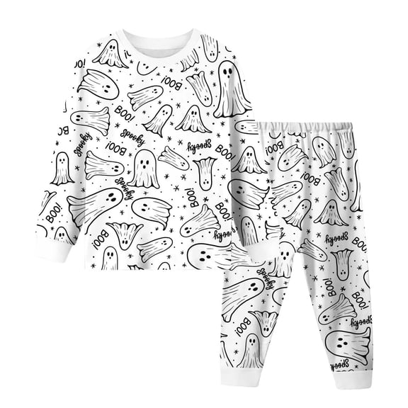 Kids Halloween Pajamas Size 4-5 Years Childrens Homewear Long Sleeve Round Neck Top and Pants Soft Wear Pjs for Boys White