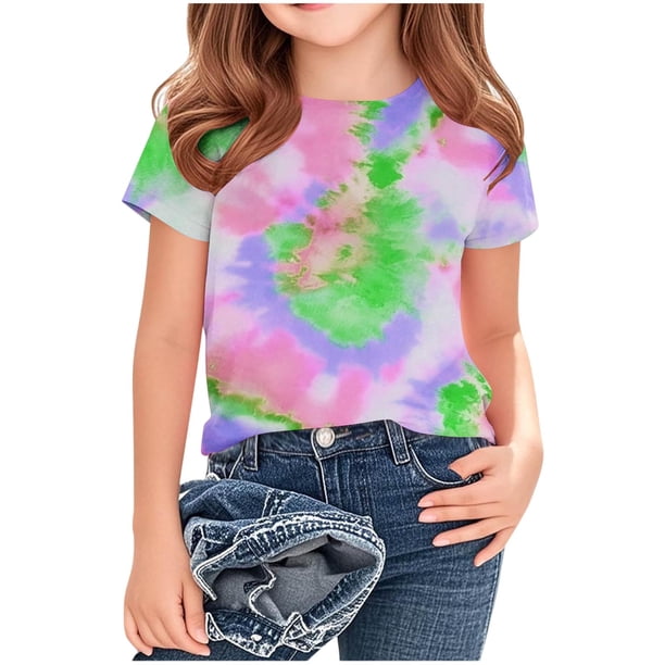 Camisetas de Cuello de Tripulación de Manga Corta para Mujeres Camiseta Impresa Clásica Cuello Redondo Top Versátil Casual para Niños Grandes de Edades 3-14