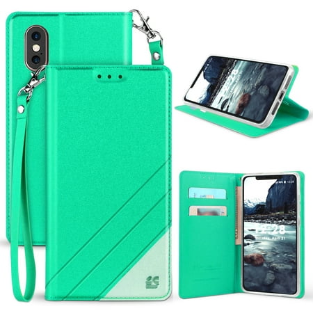 Wallet Case for iPhone X, Infolio Credit Card Slot Cover, View Stand [Bonus Wrist Strap/Lanyard] for Apple iPhone 10