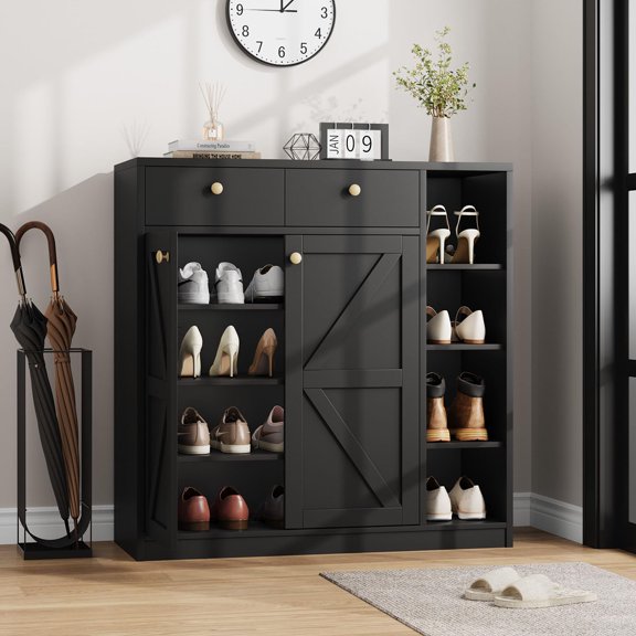 Danolapsi Shoe Cabinet with Doors and Drawers, Narrow Shoe Storage Cabinet with Adjustable Shelves & Anti-Tip Fitting, Farmhouse Storage Cabinet for Living Room, Entryway, Hallway