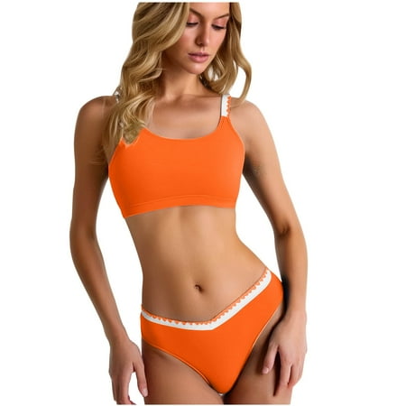 Women Swimsuit Clearance under $5! Xqxayjr Women s High Waisted Bikini Set 2 Piece Sporty Swimsuit Color Block Bathing Suit Cheeky High Cut Bathing Suits Two Piece Summer Beach Outfits Swimwear