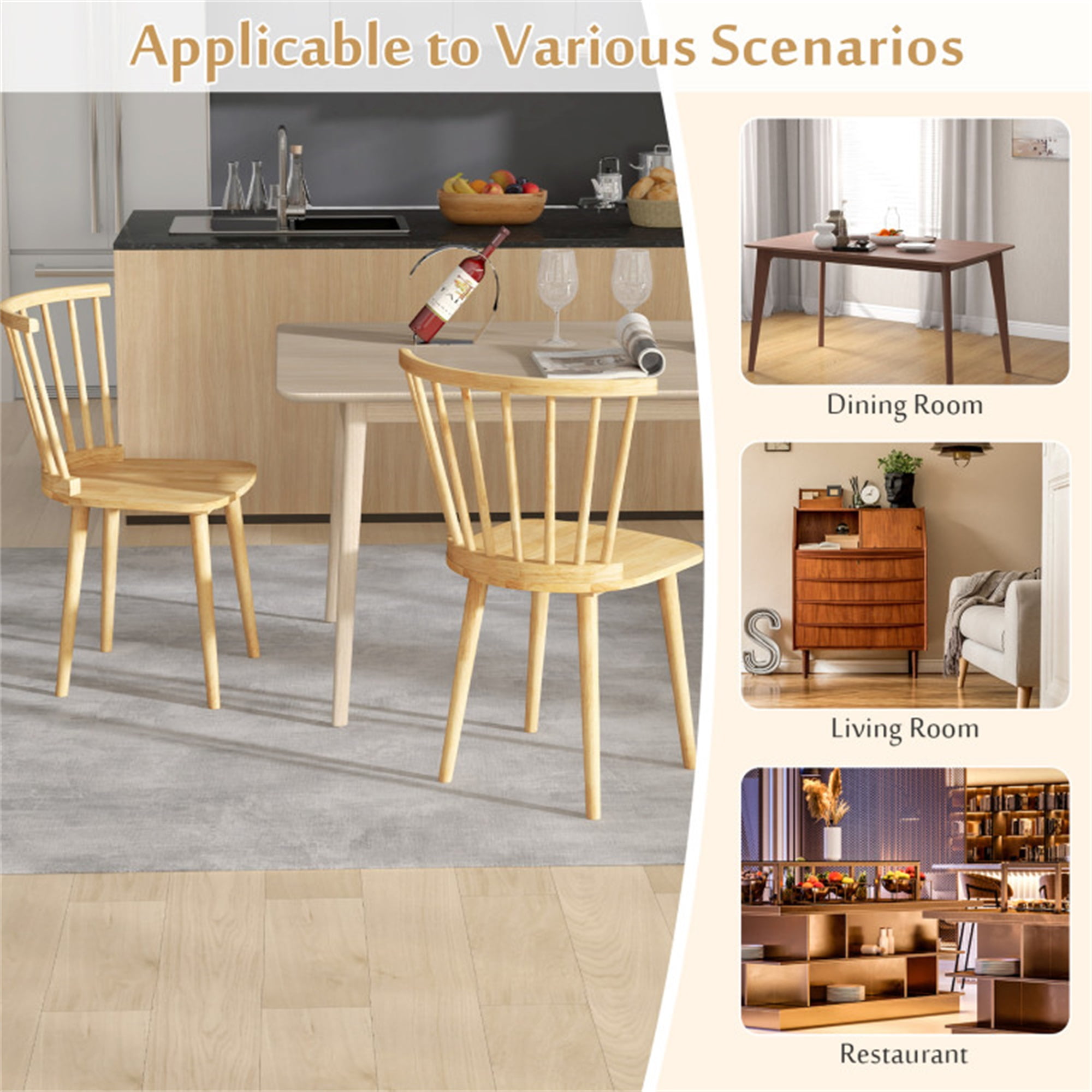 Demi Bonn Windsor Dining Chairs Set of 2 Rubber Wood Kitchen Chairs with Spindle Back, Beige