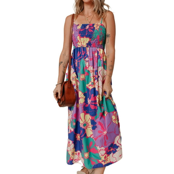 Women's Purple Floral Print Shirred Spaghetti Strap Loose Maxi Dress - Effortlessly Chic Summer Dress | [ZhiHiMeRi] | (US 12-14)L