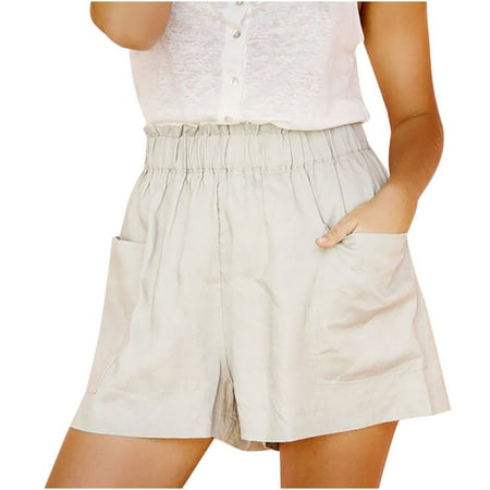 

YanHoo Women s Summer Casual Shorts Linen Ruffle Pleated Elastic Waist Pants Loose Baggy Solid Shorts with Pockets