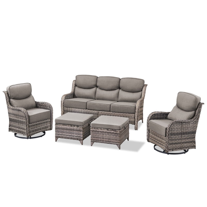 PARKWELL 5 Piece Outdoor Patio Furniture Set,All-Weather High Back Conversation Set with Luxury 6-Inch Thick Cushions,Swivel Glider Chair,7-Seat Furniture Sets for Garden, Deck, Backyard,Gray/Gray