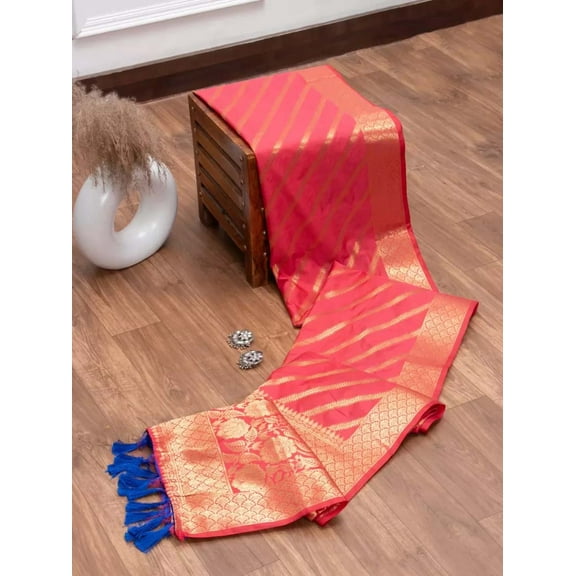 ENTELLUS | Meenakari Border and Tassels with Gold Zari Zigzag Weaving Pure Silk Saree