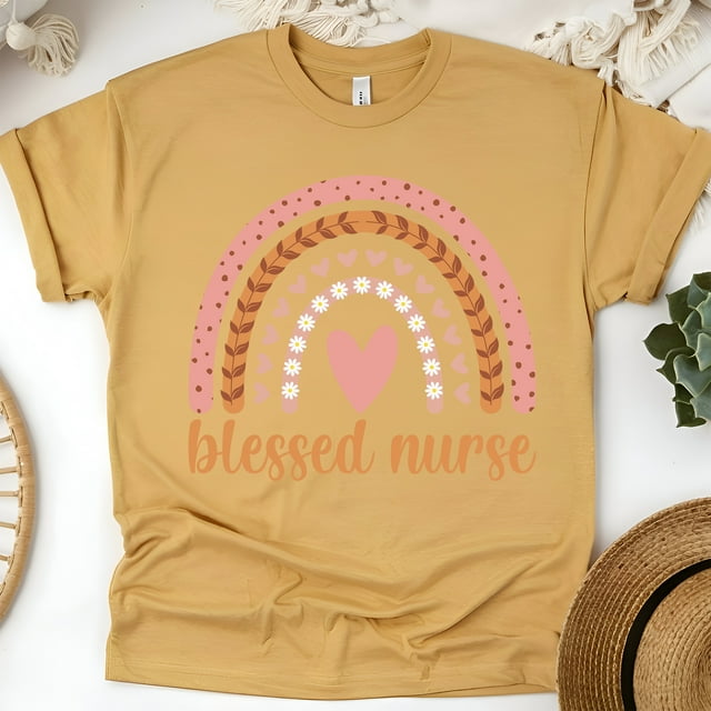 Blessed Nurse Graphic T-Shirt with Rainbow and Heart Design, Gold, Size S