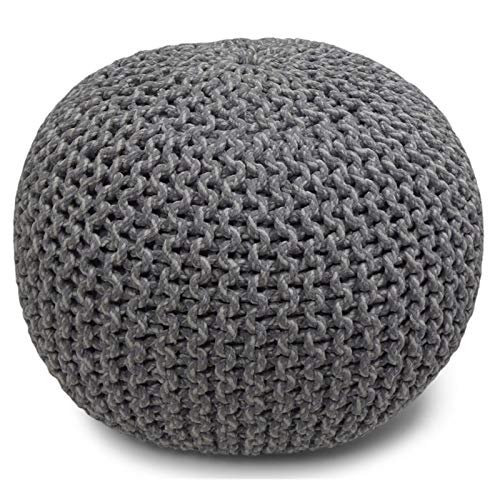 SIMPLIHOME Nikki Round Hand Knit Pouf, Footstool, Upholstered in Grey Cotton, for the Living Room, Bedroom and Kids Room, Boho