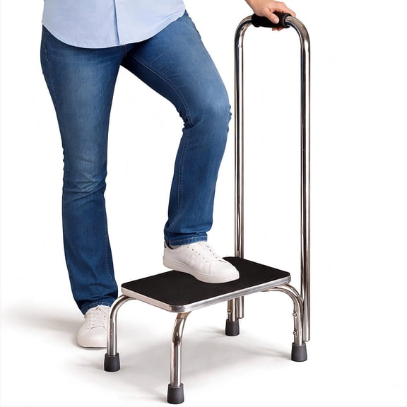 DMI Step Stool with Handle and Non Skid Rubber Platform, Lightweight and Sturdy Stool for Seniors and Adults, Holds up to 300 Pounds with 9.5 Inch Step Up, 17.3"D x 12.3"W x 34"H, Chrome