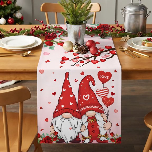 Table Runner 36 Inches Long - Valentine's Day Gnome Love Heart Branch Decorative Table Scarf, Red Rose on Pink Dining Table Runners for Wedding Party Kitchen Dining Tables
