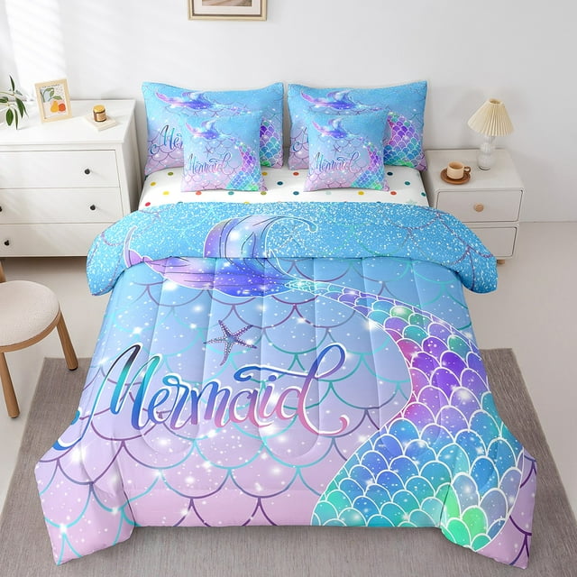 YST Mermaid Tail Glitter Comforter Set, Gradient Rainbow, 7-Piece, Full Size