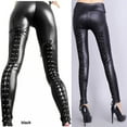 thumbnail image 2 of Baberdicy Women's Pants Women Ladies Fashion High Waist Black Ladies Lace Up Leather Leggings Pants Leather Pants Black, 2 of 3