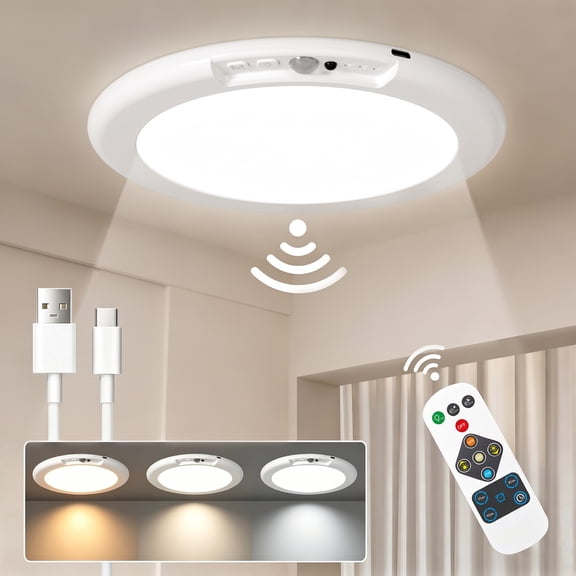 Rechargeable LED Ceiling Light, Wireless Motion Sensor Light with Remote Control and 3 Color Temp for Storage Room, Garage, Bathroom, Stairs, Doorway