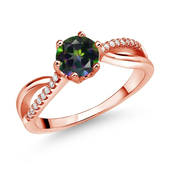 Gem Stone King 18K Rose Gold Plated Silver Ring Round Mystic Topaz and Moissanite (1.08 Cttw) (Size 8)