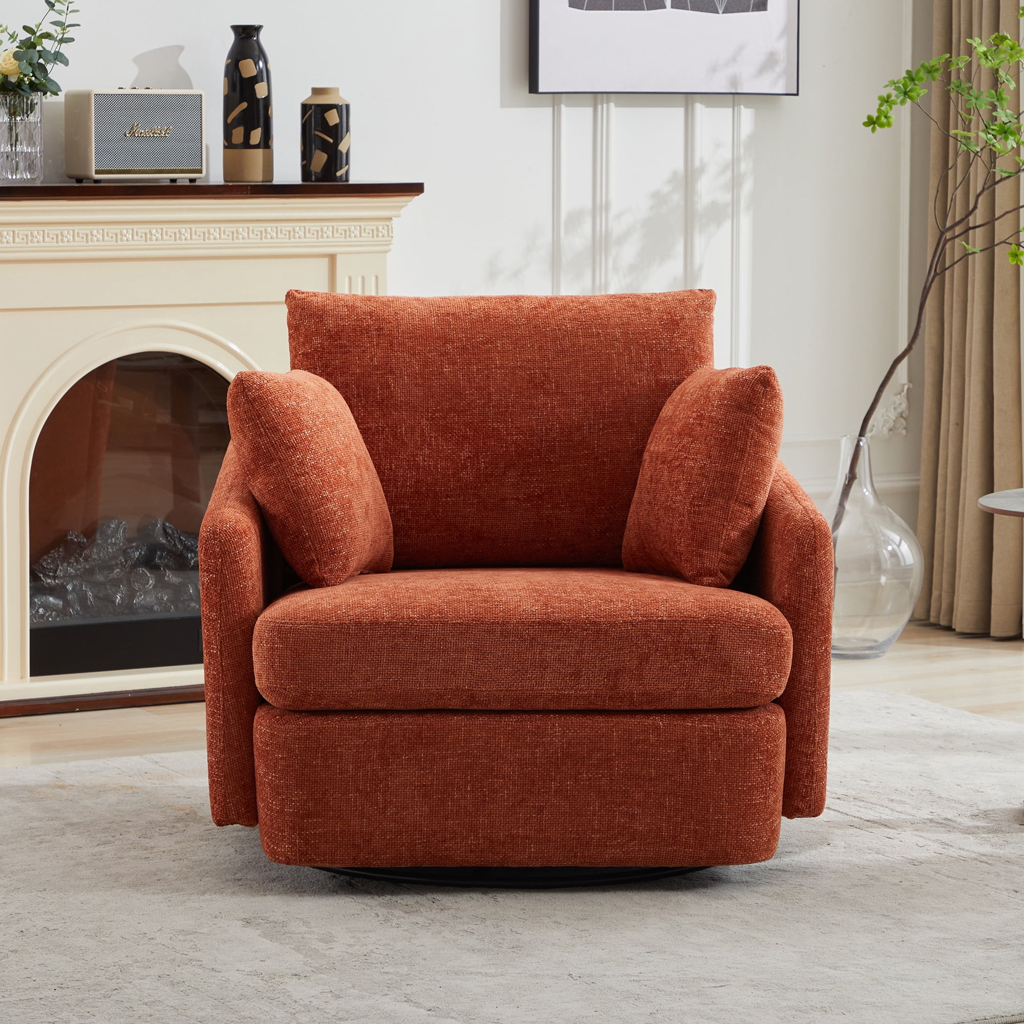 PORKISS Swivel Accent Chair, Modern Barrel Chair with 2 Thorw Pillows, Oversized Comfy Round Armchair Reading Chair, Comfy Chair for Bedroom Living Room, Orange